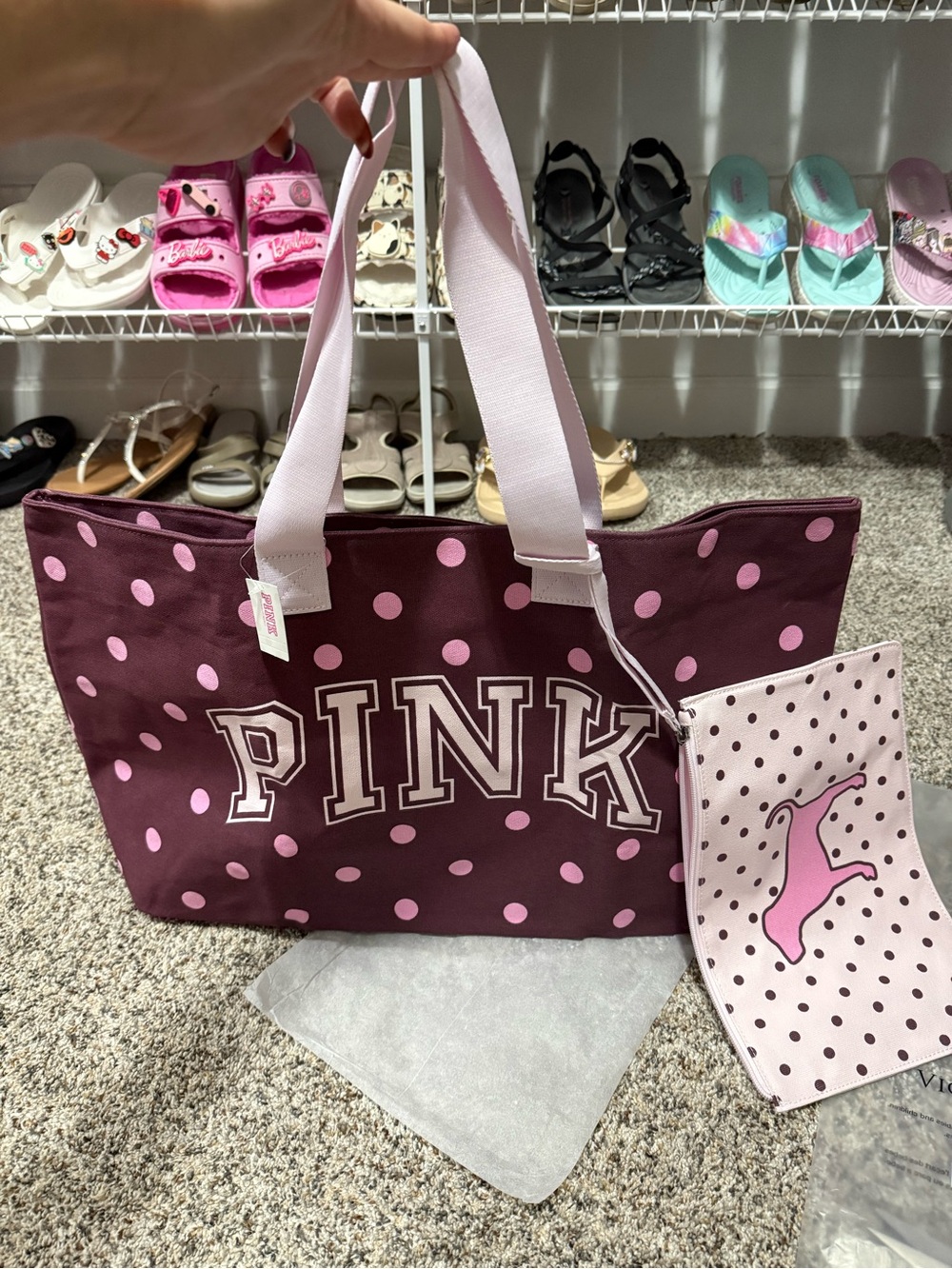 Victoria's Secret PINK NEW in packaging Polka Dot Tote in Maroon and Light Pink